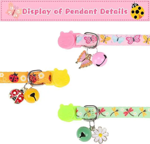 Alt view image 3 of 7 - Breakaway Cat Collars with Bell & Cute Pendants, 3 Pack Safety Buckle Kitten Collars, Adjustable Pet Collar Ideal for Girl Boy Cats Puppy (Style A - Insect)