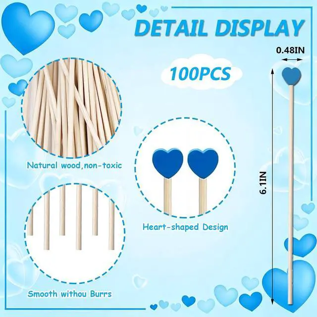 Alt view image 3 of 7 - 100 Pcs 6 Inch Blue Heart Shaped Wooden Swizzle Sticks, Cake Pop Sticks, Cocktail & Coffee Drink Stirrers, Rock Candy Sticks, Lollipop Sticks for Baby Shower, Gender Reveal, Birthday & Wedding Party