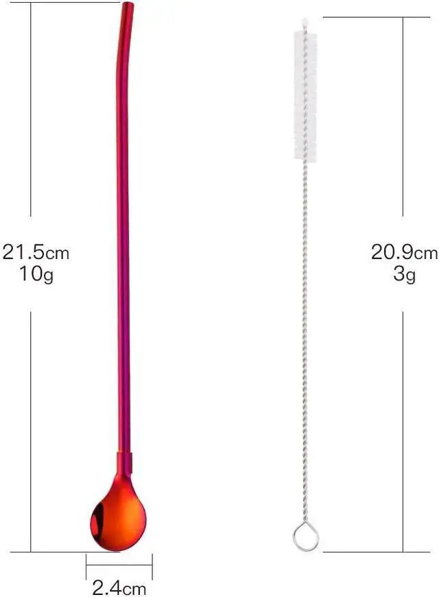 Alt view image 2 of 7 - Straw Spoon, 8PCS 8.5inch 18/8(304) Stainless Steel Metal Straws Spoon Reusable Straws Spoon + 2 BrushesOrange Red