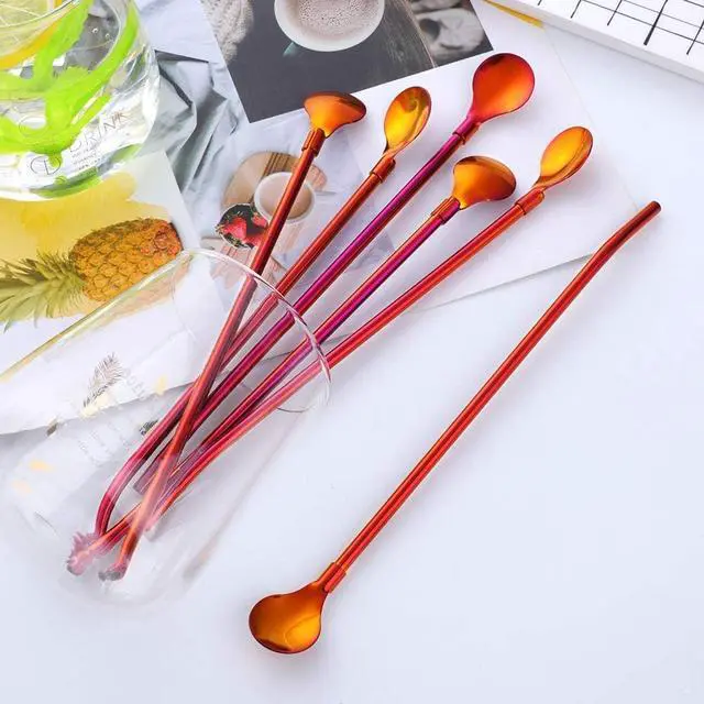 Alt view image 4 of 7 - Straw Spoon, 8PCS 8.5inch 18/8(304) Stainless Steel Metal Straws Spoon Reusable Straws Spoon + 2 BrushesOrange Red