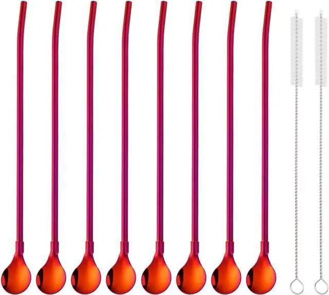 Main image of Straw Spoon, 8PCS 8.5inch 18/8(304) Stainless Steel Metal Straws Spoon Reusable Straws Spoon + 2 BrushesOrange Red