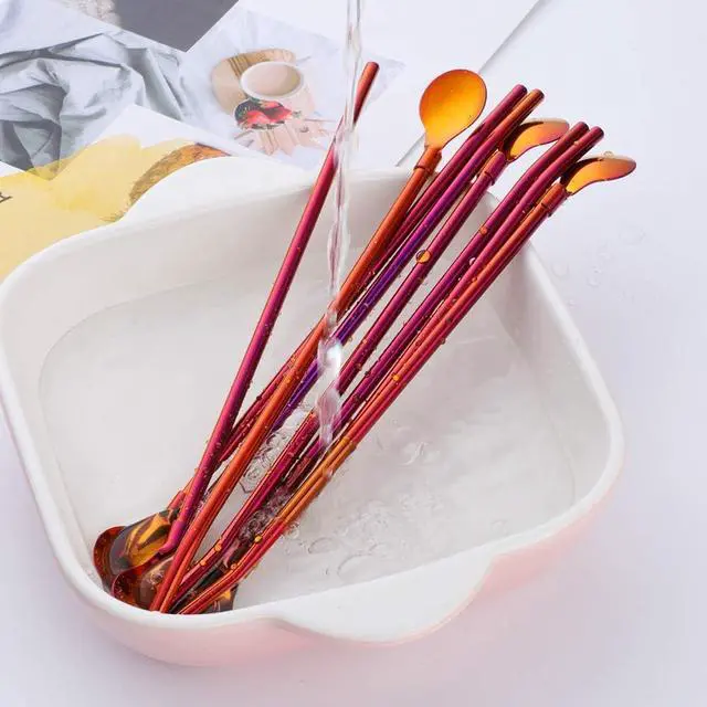 Alt view image 6 of 7 - Straw Spoon, 8PCS 8.5inch 18/8(304) Stainless Steel Metal Straws Spoon Reusable Straws Spoon + 2 BrushesOrange Red
