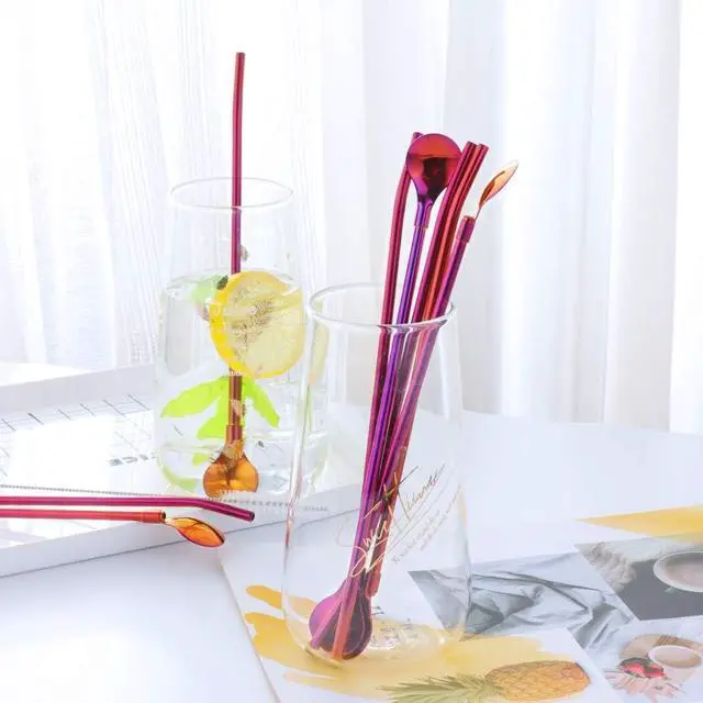 Alt view image 3 of 7 - Straw Spoon, 8PCS 8.5inch 18/8(304) Stainless Steel Metal Straws Spoon Reusable Straws Spoon + 2 BrushesOrange Red