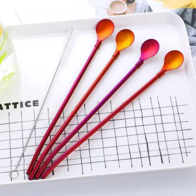 Alt view image 5 of 7 - Straw Spoon, 8PCS 8.5inch 18/8(304) Stainless Steel Metal Straws Spoon Reusable Straws Spoon + 2 BrushesOrange Red