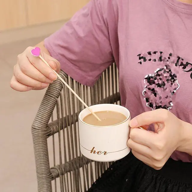 Alt view image 3 of 7 - 100Pcs 6.1" Disposable Wooden Coffee Milk Tea Ice Drink Stirrers Stirring Rod Heart Head Beverage Cocktail Swizzle Stick Beverage Mixing Stick for KTV Restaurant Cafe Bar Home Party Favor, Pink