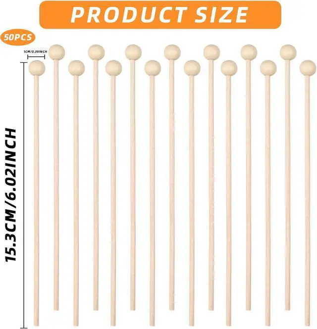 Alt view image 2 of 6 - 50 Pack Wooden Rock Candy Sticks with Ball Tips- 6 Inch Natural Wood Cake Pop & Drink Stirrer Sticks, Wood Swizzles Sticks for Chocolate Dipping & Coffee(15cm, Round Ball Head, Bulk)
