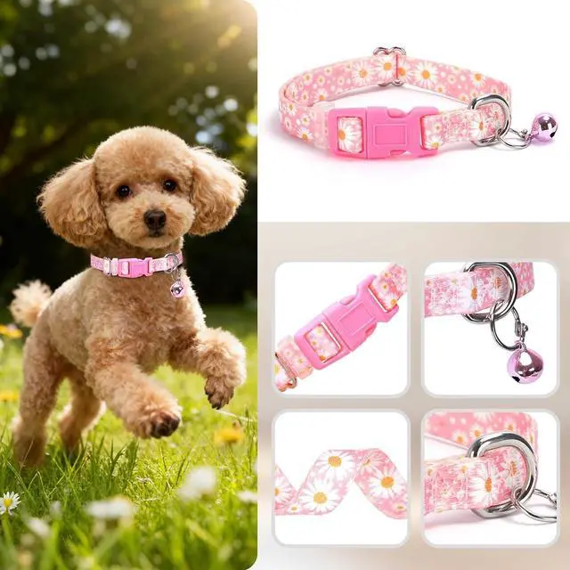 Alt view image 3 of 7 - Pink Daisy Dog Collar with Bell,XS XXS Kitten Collars Girls Boy with Buckle | Adjustable,Quick Release,Small Breeds Tiny Cat&Puppy Collar Chihuahuas Yorkies Teddy Pets,Soft Nylon,Girl Boy,Cute Pattern