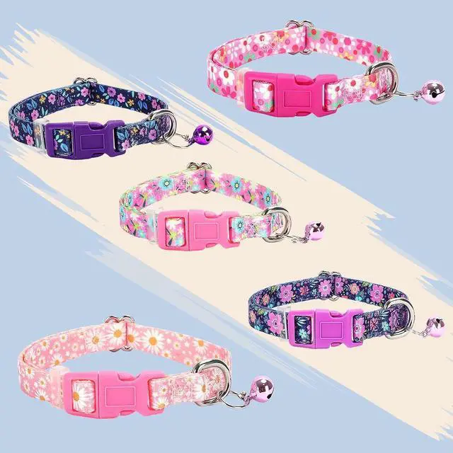 Alt view image 6 of 7 - Pink Daisy Dog Collar with Bell,XS XXS Kitten Collars Girls Boy with Buckle | Adjustable,Quick Release,Small Breeds Tiny Cat&Puppy Collar Chihuahuas Yorkies Teddy Pets,Soft Nylon,Girl Boy,Cute Pattern