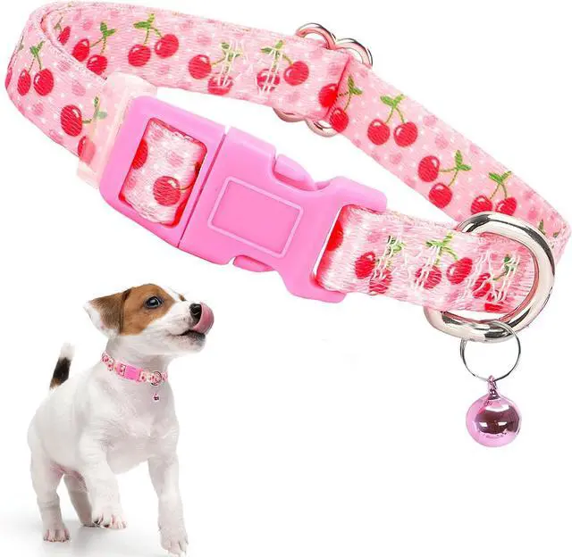 Main image of Cute Dog Collar with Bell,Pink Puppy Collar Tiny Cat Collars(Cherry XS) | Small dog collar with bell,Adjustable & Lightweight for XS & S Dogs, Comfortable & Safe for Everyday Use