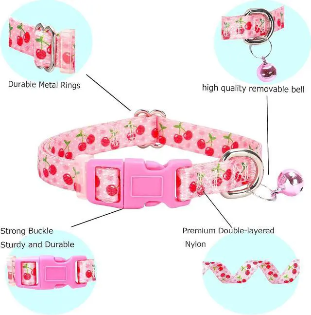 Alt view image 3 of 7 - Cute Dog Collar with Bell,Pink Puppy Collar Tiny Cat Collars(Cherry XS) | Small dog collar with bell,Adjustable & Lightweight for XS & S Dogs, Comfortable & Safe for Everyday Use