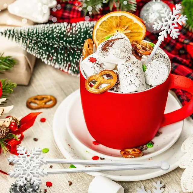 Alt view image 5 of 6 - SiliFine 30 Pcs Christmas Drink Stirrers Snowflake Stir Sticks | 5.91" Swizzle Sticks Hot Cocoa Bar Supplies, Reusable Coffee Bar Decorations, Cocktails, Xmas Winter Party Favors,White