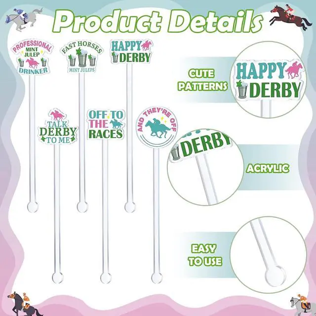Alt view image 3 of 6 - Jingmore 24 Pcs Derby Day Cocktail Stirrer Horse Racing Cocktail Sticks Acrylic Reusable Derby Stirrer for Derby Day Equestrian Themed Event(Phrase Style)