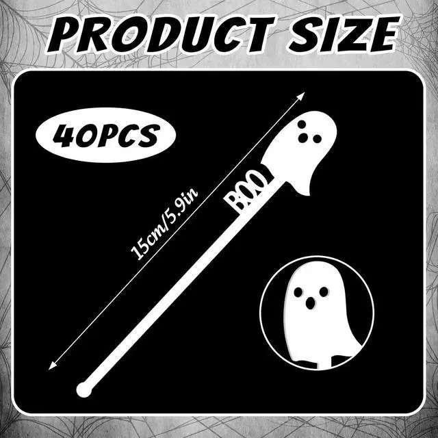 Alt view image 2 of 7 - JarThenaAMCS 40 Pcs Halloween Swizzle Sticks Boo White Ghost Drink Stirrers Cocktail Stir Sticks Coffee Plastic Stirrers Reusable for Bar Home Party Supplies, 5.9 In