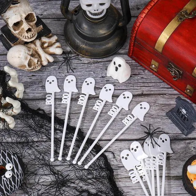 Alt view image 3 of 7 - JarThenaAMCS 40 Pcs Halloween Swizzle Sticks Boo White Ghost Drink Stirrers Cocktail Stir Sticks Coffee Plastic Stirrers Reusable for Bar Home Party Supplies, 5.9 In