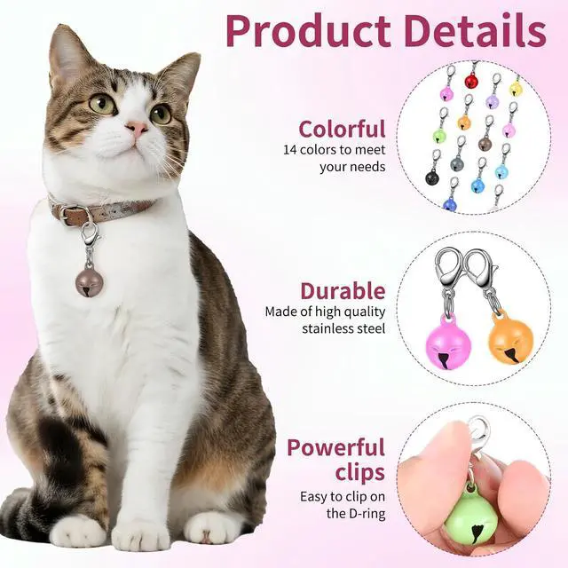 Alt view image 3 of 7 - Larrel 14 Pcs Pet Bell, Small Dog Collar Bell with Key Rings Clasps Cat Collar Charms Pet Pendant Accessories for Small Animal Dog Goat Puppy Kitty Pets Training to go Outside 1/2-Inch (Colourful)