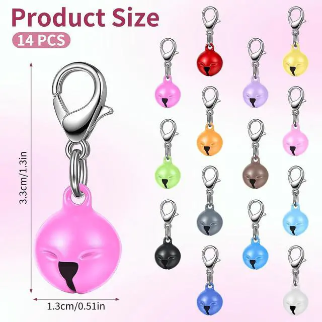 Alt view image 2 of 7 - Larrel 14 Pcs Pet Bell, Small Dog Collar Bell with Key Rings Clasps Cat Collar Charms Pet Pendant Accessories for Small Animal Dog Goat Puppy Kitty Pets Training to go Outside 1/2-Inch (Colourful)