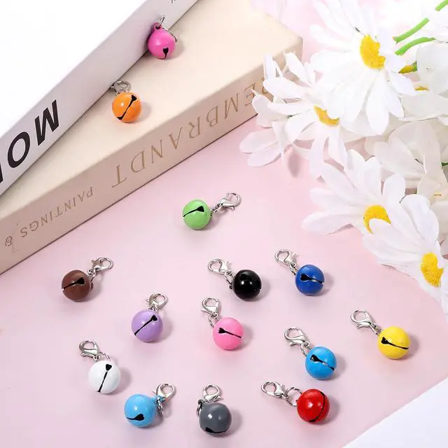 Alt view image 7 of 7 - Larrel 14 Pcs Pet Bell, Small Dog Collar Bell with Key Rings Clasps Cat Collar Charms Pet Pendant Accessories for Small Animal Dog Goat Puppy Kitty Pets Training to go Outside 1/2-Inch (Colourful)