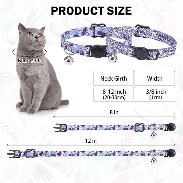 Alt view image 2 of 7 - Breakaway Cat Collars for Girl Boy Cats, Spring Summer All Weather Cat Collar Personalized Pattern 2 Pack,Cute Classic Safety Buckles and Bells,Adjustable Printed Nylon Colorful Kitten Collar