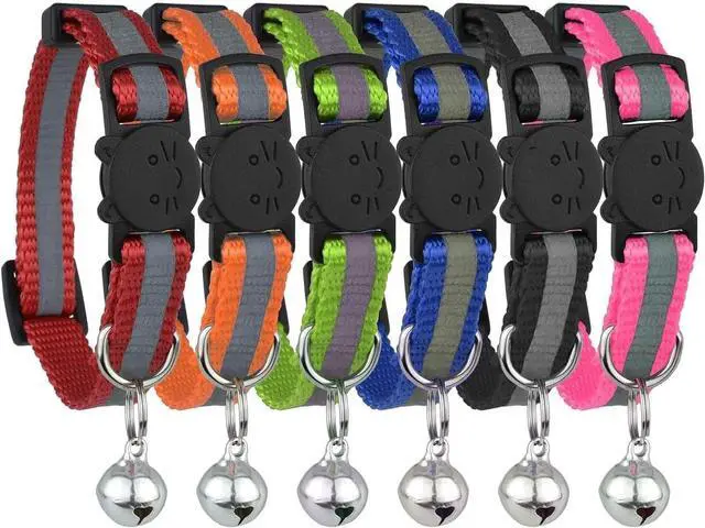 Main image of Reflective Cat Collar with Bell, Set of 6, Solid & Safe Collars for Cats, Nylon, Mixed Colors, Pet Collar, Breakaway Cat Collar