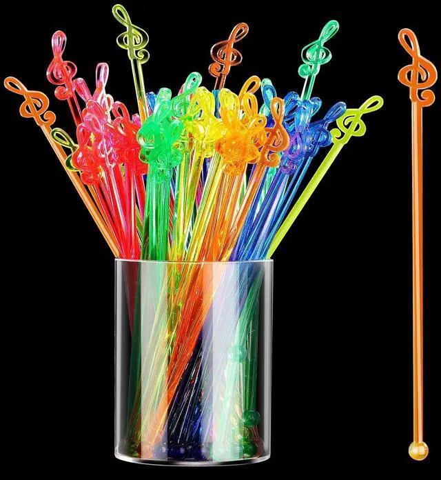 Main image of Reallnaive 100 Pcs Swizzle Stick Cocktail Drinks Stirrers,Musical Notes | Music Disposable Plastic Stirring Sticks for Bar Juices Chocolate Milk Home Restaurant Party