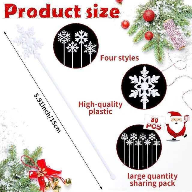 Alt view image 2 of 7 - Potchen 30 Pcs Snowflake Coffee Stirrers Winter 6 Inch Christmas Cocktail Picks Snowflake Drink Swizzle Sticks Reusable Drink Stirrers Hot Cocoa Chocolate Stick Supplies for Cocktail Xmas Party Decor