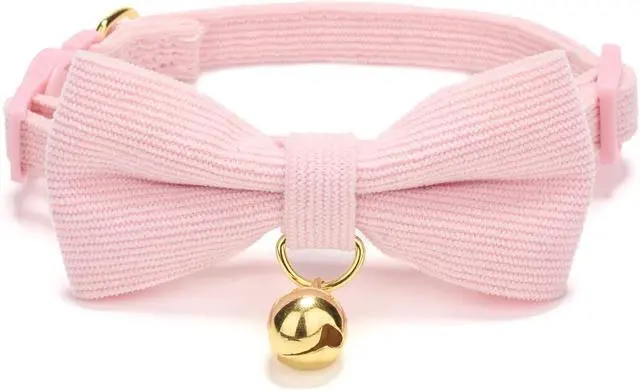 Alt view image 2 of 7 - 2 Pack Soft Corduroy Cat Collars with Bow Tie & Bell Adjustable Breakaway Kitten Bowtie Collar for Female Male Cats(Grass Green & Pink)