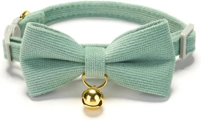 Alt view image 3 of 7 - 2 Pack Soft Corduroy Cat Collars with Bow Tie & Bell Adjustable Breakaway Kitten Bowtie Collar for Female Male Cats(Grass Green & Pink)