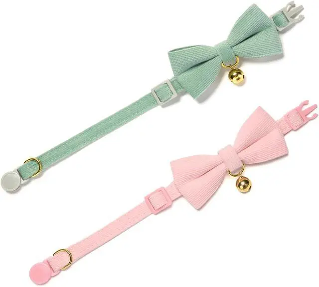 Alt view image 4 of 7 - 2 Pack Soft Corduroy Cat Collars with Bow Tie & Bell Adjustable Breakaway Kitten Bowtie Collar for Female Male Cats(Grass Green & Pink)