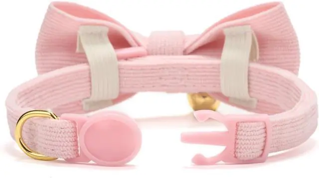 Alt view image 5 of 7 - 2 Pack Soft Corduroy Cat Collars with Bow Tie & Bell Adjustable Breakaway Kitten Bowtie Collar for Female Male Cats(Grass Green & Pink)