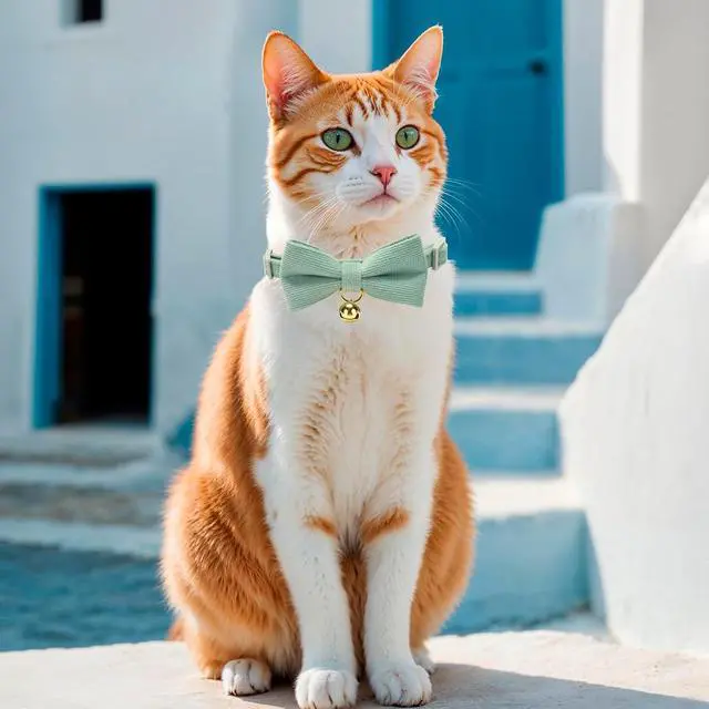 Alt view image 7 of 7 - 2 Pack Soft Corduroy Cat Collars with Bow Tie & Bell Adjustable Breakaway Kitten Bowtie Collar for Female Male Cats(Grass Green & Pink)