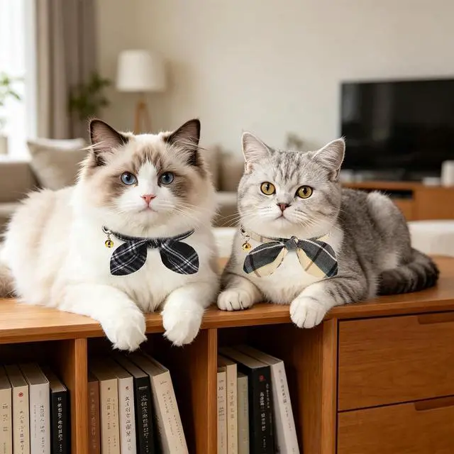 Alt view image 2 of 7 - KOOLTAIL Cat Collar Breakaway with Bowtie and Bells, 2 Pack Cute Kitten Collars for Boys & Girls, Classic Plaid Design with Safety Buckle Adjustable for Small Large Cats Puppy,Black & Beige