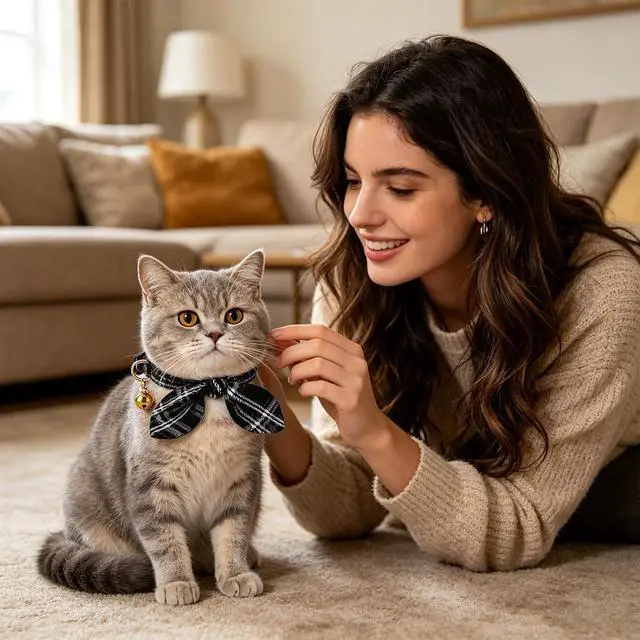 Alt view image 3 of 7 - KOOLTAIL Cat Collar Breakaway with Bowtie and Bells, 2 Pack Cute Kitten Collars for Boys & Girls, Classic Plaid Design with Safety Buckle Adjustable for Small Large Cats Puppy,Black & Beige