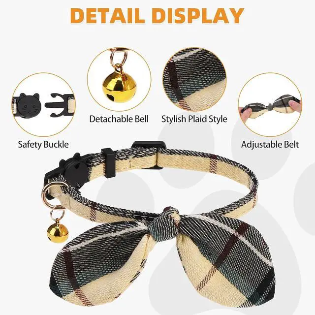 Alt view image 4 of 7 - KOOLTAIL Cat Collar Breakaway with Bowtie and Bells, 2 Pack Cute Kitten Collars for Boys & Girls, Classic Plaid Design with Safety Buckle Adjustable for Small Large Cats Puppy,Black & Beige