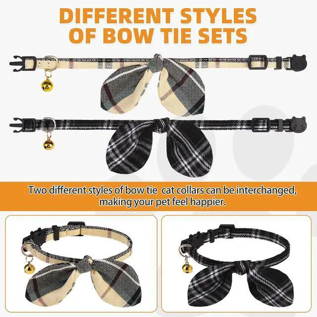 Alt view image 6 of 7 - KOOLTAIL Cat Collar Breakaway with Bowtie and Bells, 2 Pack Cute Kitten Collars for Boys & Girls, Classic Plaid Design with Safety Buckle Adjustable for Small Large Cats Puppy,Black & Beige
