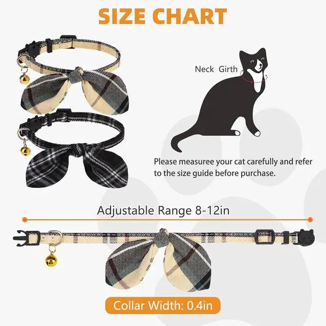 Alt view image 7 of 7 - KOOLTAIL Cat Collar Breakaway with Bowtie and Bells, 2 Pack Cute Kitten Collars for Boys & Girls, Classic Plaid Design with Safety Buckle Adjustable for Small Large Cats Puppy,Black & Beige
