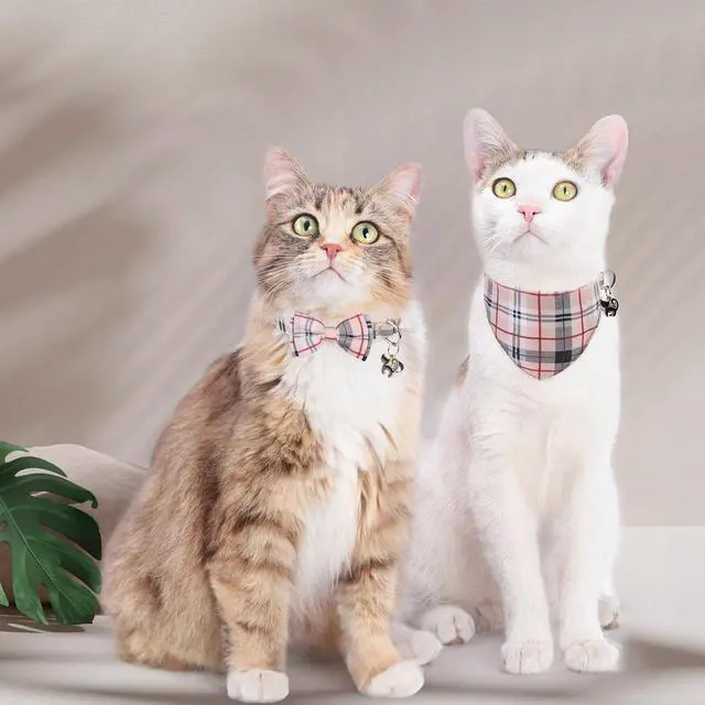 Alt view image 3 of 7 - SCENEREAL Plaid Cat Collar with Bow Bandana - 2 Pack Breakaway Kitten Collar with Removable Bowtie Bell, Adjustable Cute Cat Collar for Cats Kittens, Beige