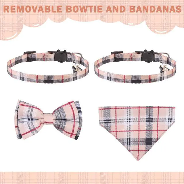 Alt view image 4 of 7 - SCENEREAL Plaid Cat Collar with Bow Bandana - 2 Pack Breakaway Kitten Collar with Removable Bowtie Bell, Adjustable Cute Cat Collar for Cats Kittens, Beige
