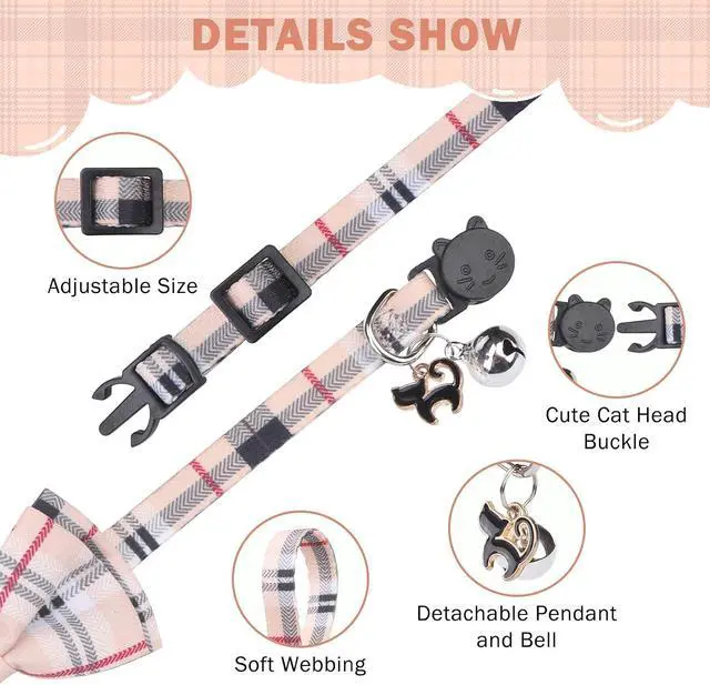 Alt view image 5 of 7 - SCENEREAL Plaid Cat Collar with Bow Bandana - 2 Pack Breakaway Kitten Collar with Removable Bowtie Bell, Adjustable Cute Cat Collar for Cats Kittens, Beige