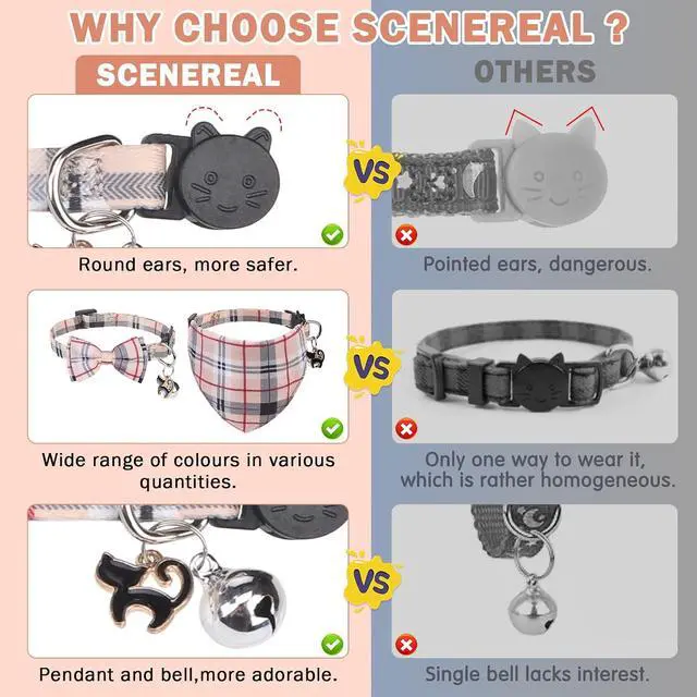 Alt view image 6 of 7 - SCENEREAL Plaid Cat Collar with Bow Bandana - 2 Pack Breakaway Kitten Collar with Removable Bowtie Bell, Adjustable Cute Cat Collar for Cats Kittens, Beige
