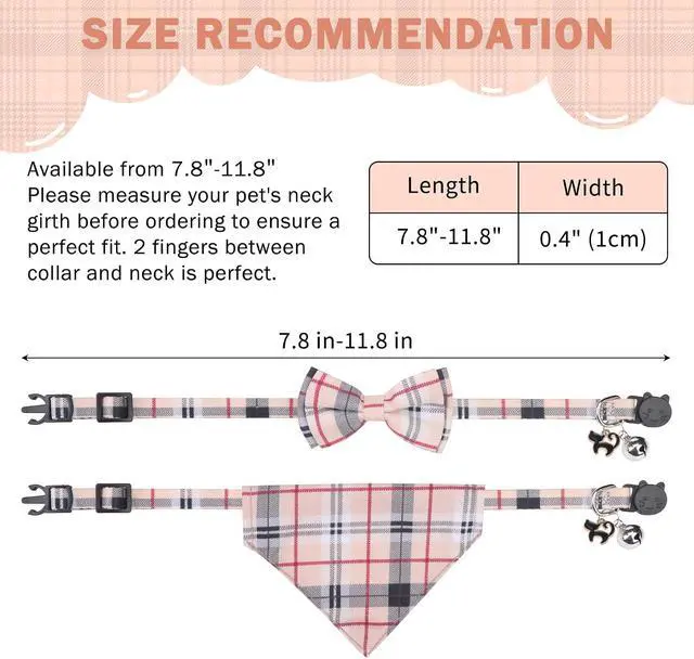 Alt view image 7 of 7 - SCENEREAL Plaid Cat Collar with Bow Bandana - 2 Pack Breakaway Kitten Collar with Removable Bowtie Bell, Adjustable Cute Cat Collar for Cats Kittens, Beige