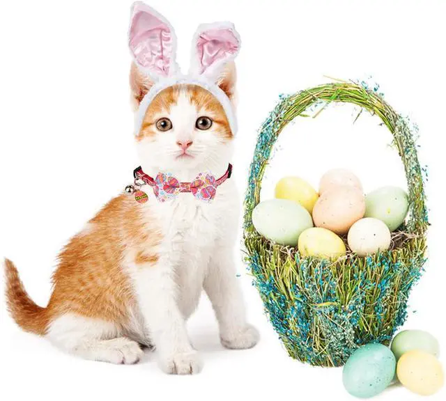 Alt view image 3 of 6 - ADOGGYGO Easter Cat Collars with Bow Bell, Breakaway Kitten Bowtie Collar Red Purple Eggs Rabbit Easter Collars for Girl Boy Cats Kittens