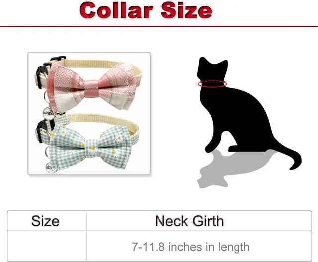 Alt view image 2 of 6 - Plaid Cat Collar with Bow Tie Bell Breakaway Daisy Kitten Collars Adjustable with Removable Bowtie 2 Pack Flower Safety Collar for Spring Summer Autumn Pink & Blue