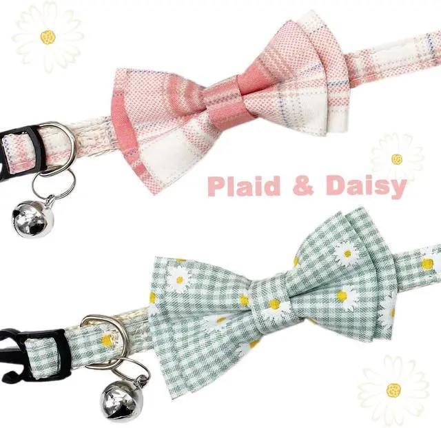 Alt view image 3 of 6 - Plaid Cat Collar with Bow Tie Bell Breakaway Daisy Kitten Collars Adjustable with Removable Bowtie 2 Pack Flower Safety Collar for Spring Summer Autumn Pink & Blue