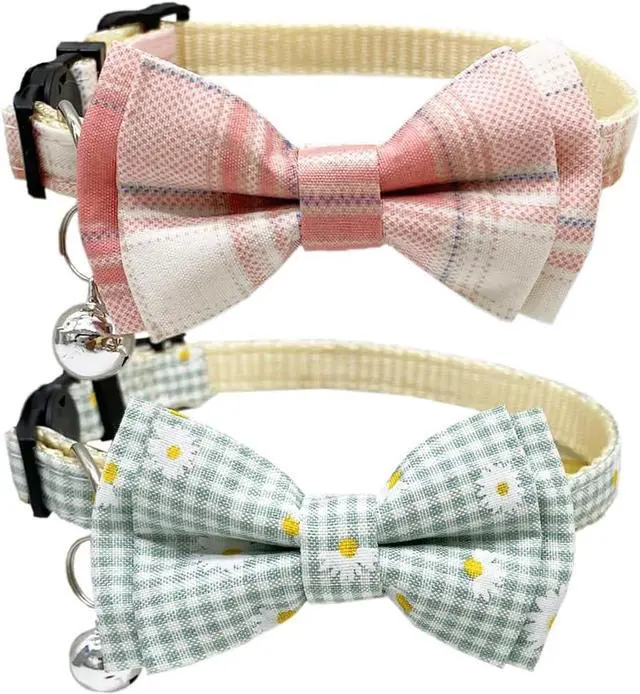 Main image of Plaid Cat Collar with Bow Tie Bell Breakaway Daisy Kitten Collars Adjustable with Removable Bowtie 2 Pack Flower Safety Collar for Spring Summer Autumn Pink & Blue