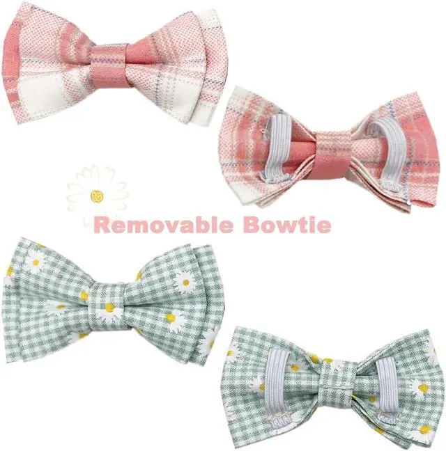 Alt view image 4 of 6 - Plaid Cat Collar with Bow Tie Bell Breakaway Daisy Kitten Collars Adjustable with Removable Bowtie 2 Pack Flower Safety Collar for Spring Summer Autumn Pink & Blue