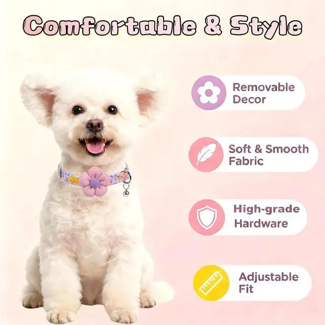 Alt view image 2 of 7 - Floral Dog Collar with Bell and Flower, Cute Dog Collar for Puppy Small Medium Large Dogs, Pink Girl Dog Collar for Female/Male Dog Birthday Wedding Photo Props