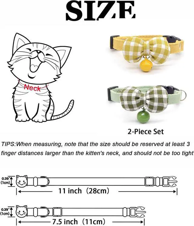 Alt view image 2 of 5 - 2 Pack Soft Breakaway Safety Cat CollarKitten Collar with Bell and Bow Tie,Adjustable Breakaway Cotton Collar for Kitty and Puppy (Plaid-Yellow Green)