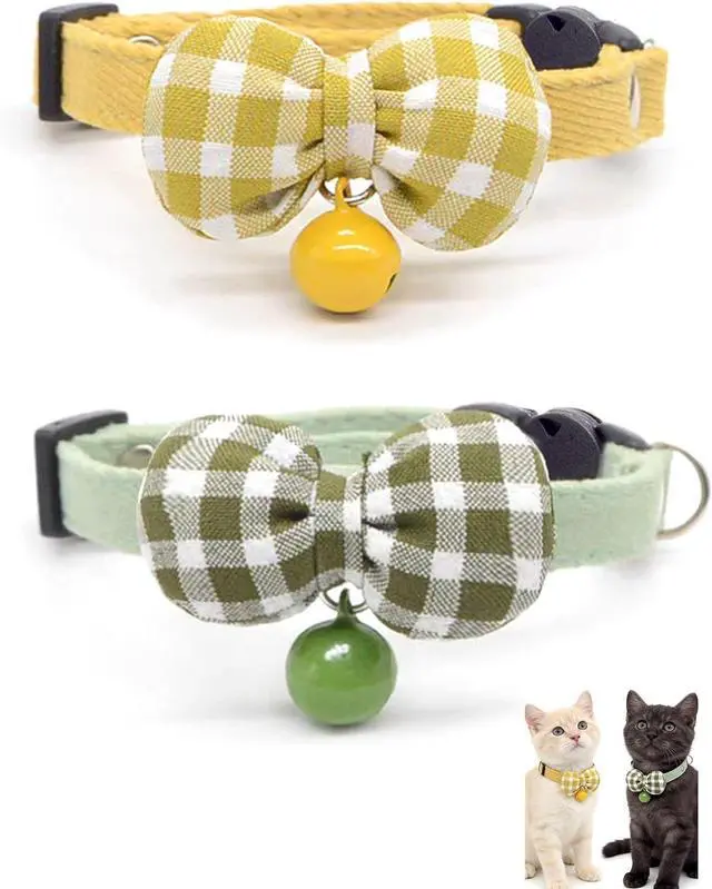 Main image of 2 Pack Soft Breakaway Safety Cat CollarKitten Collar with Bell and Bow Tie,Adjustable Breakaway Cotton Collar for Kitty and Puppy (Plaid-Yellow Green)