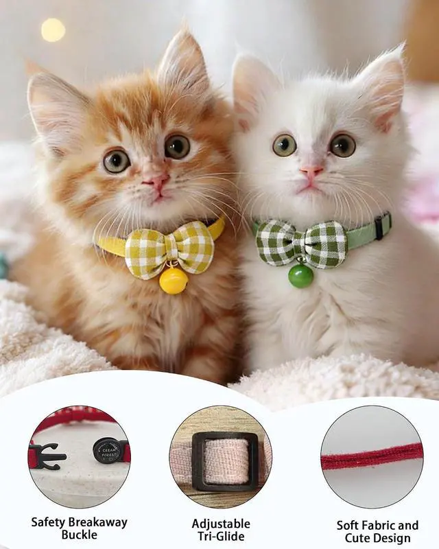 Alt view image 3 of 5 - 2 Pack Soft Breakaway Safety Cat CollarKitten Collar with Bell and Bow Tie,Adjustable Breakaway Cotton Collar for Kitty and Puppy (Plaid-Yellow Green)
