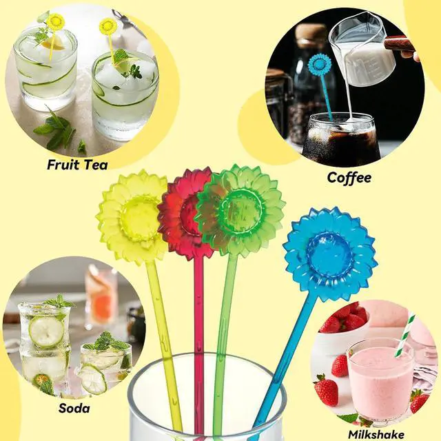 Alt view image 4 of 7 - 30 Pieces Disposable Plastic Sunflower Crystal Swizzle Sticks Glitter Plastic Swizzle Sticks Cocktail Coffee Drink (Blue, yellow, Red and Green)